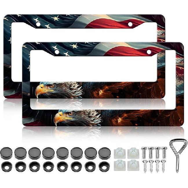 HCSS 2PCS American Flag Eagle License Plate Frames Patriotic US Flag License Plate Holder Stainless Steel Auto Parts Rust-Proof Waterproof Car