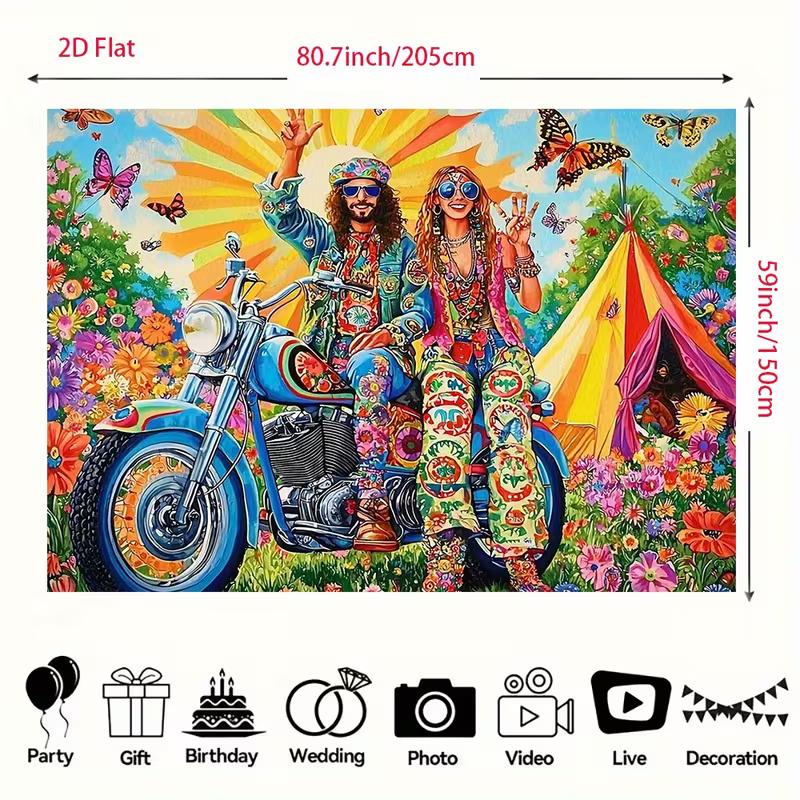 2D Flower Power Hippie Backdrop, 60s 70s Couple on Motorcycle Background for Themed Party