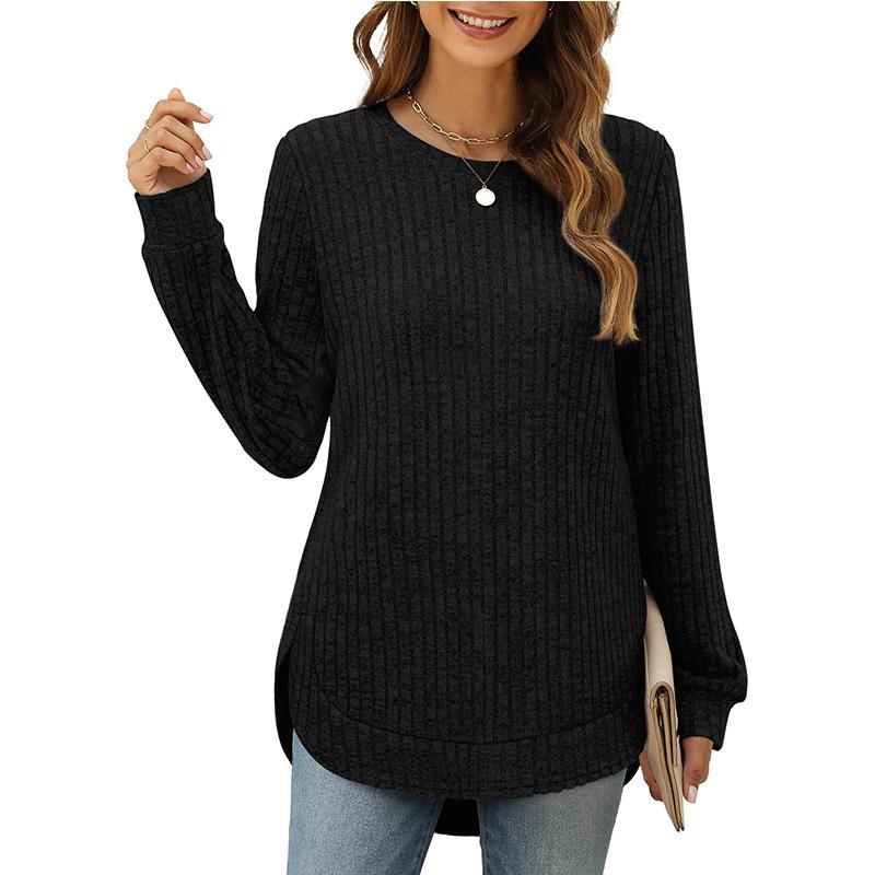 Womens Long Sleeve Tops Plus Size Crew Neck Jumpers Solid Color Side Spilt Pullover T-Shirt Tunic Shirt