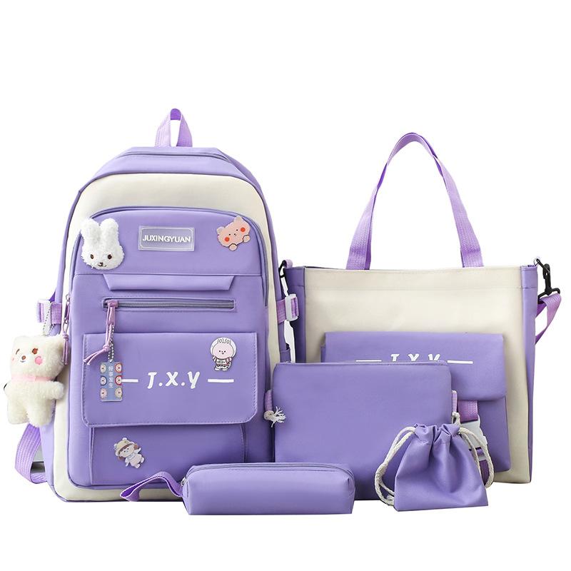 School Bag, Primary School, Junior High School, Multi-functional School Bag, Women's Large-capacity Backpack, Five-piece Set of Spine Protection