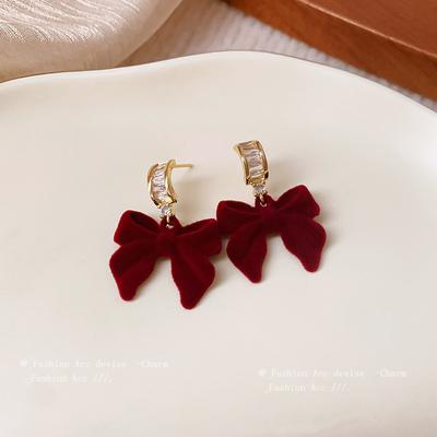 Серебряная игла красная флокированная серьги-бантики осенние и зимние милый темперамент серьги модные серьги с высоким чувством стиля для женщин