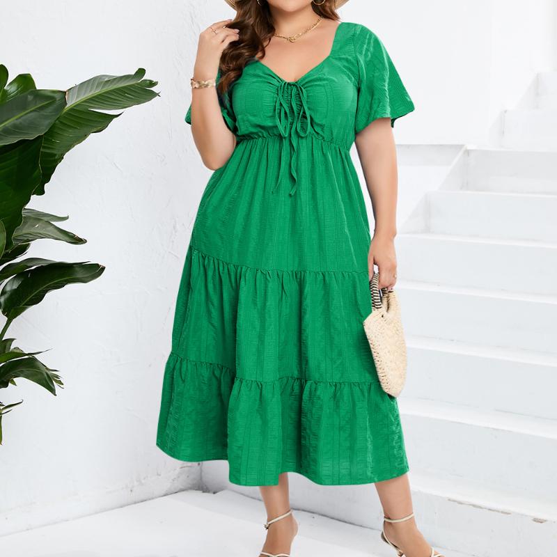 GMXIA V-Neck High Waist Dress Long Short Sleeve Plus Size Dresses