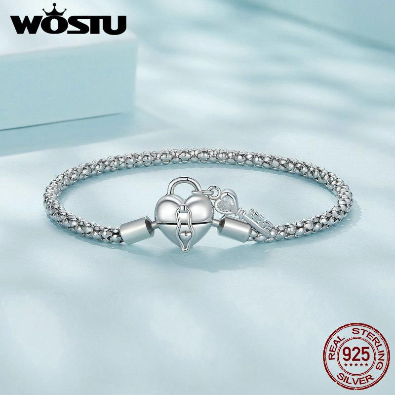 WOSTU Solid 925 Silver Heart Lock Key Basic Chain Bangle Bracelet For DIY Charm Beads Snake Chain Links Jewelry Gift