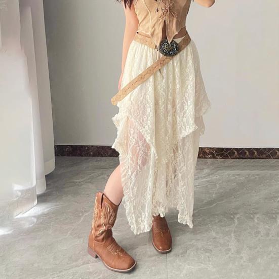 Ретро-юбка с эластичной высокой талией, кружевная юбка нестандартного дизайна, длинная юбка-миди во французском стиле с вышитым кружевом и цветочным узором
