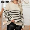 Autumn Winter Striped Button-twisted Twist Vintage Long-sleeved Knitted Pullover Sweater for Women