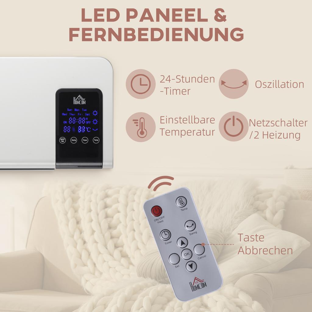 Electric Heater, Wall Mount, Oscillation Function, 2 Modes, Timer, LED Display, White