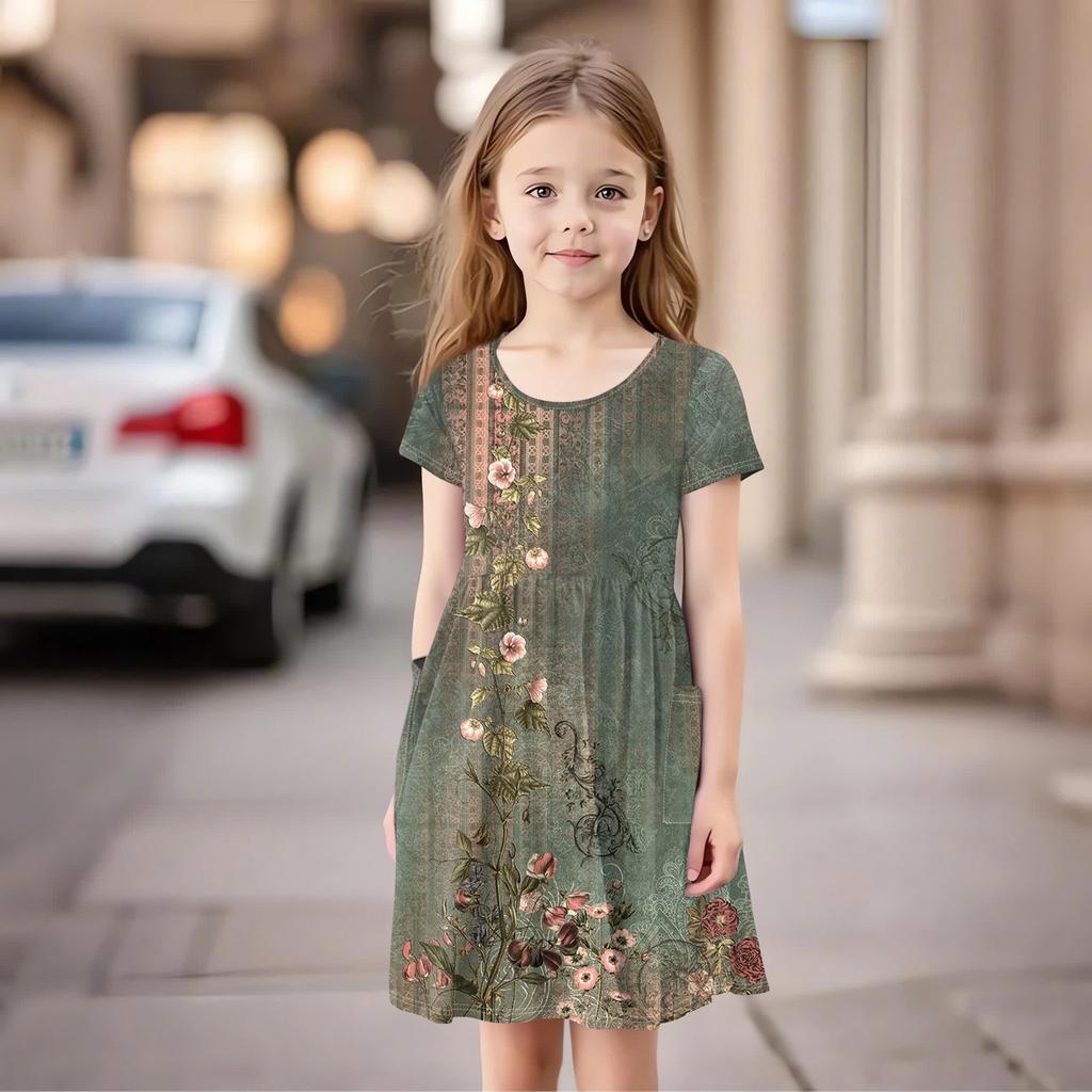 Children's Skirt Round Neck Short Sleeve Princess Dress Fashion Casual Pocket Dress For Girls