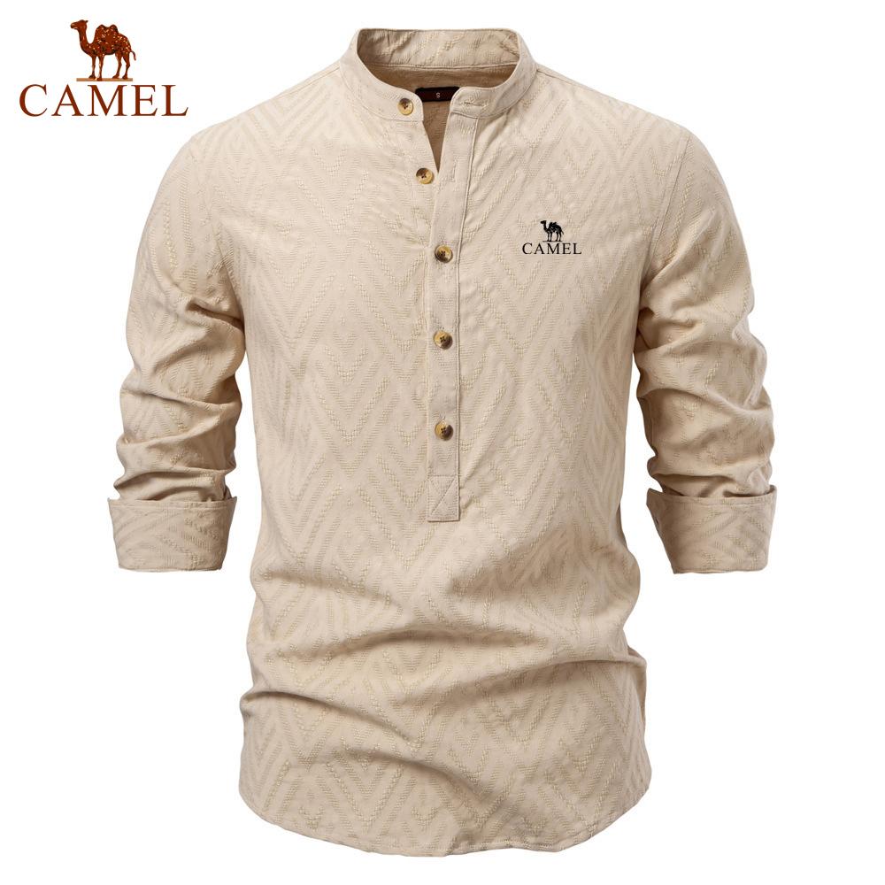 Camel 2025 Spring/Summer Embroidery New Large Stand Up Collar Shirt Men's Solid Color Casual Men's Long Sleeve Shirt