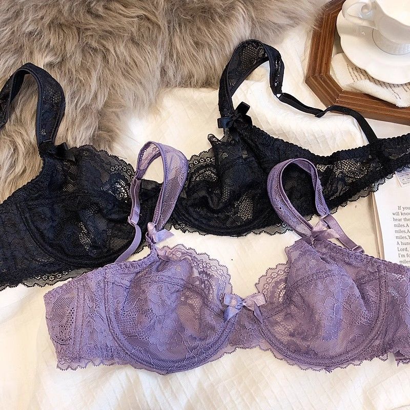 Женские ультратонкие кружевные бюстгальтеры Дышащий пуш-ап бюстгальтер Сексуальное французское романтичное красивое нижнее белье Сладкая отделка бантом Женские бюстгальтеры