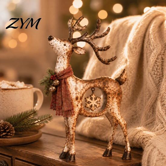 Farmhouse Christmas Home Decorations Rustic Reindeer Figurine, Resin Statue with Hanging Snowflake, Red Country Tabletop Centerpieces Scarf And Bell,