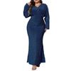 Plus Size Women Evening Dress V-Neck Long Sleeve High Waist Tight Long Dress Solid Color Shiny Fishtail Dress