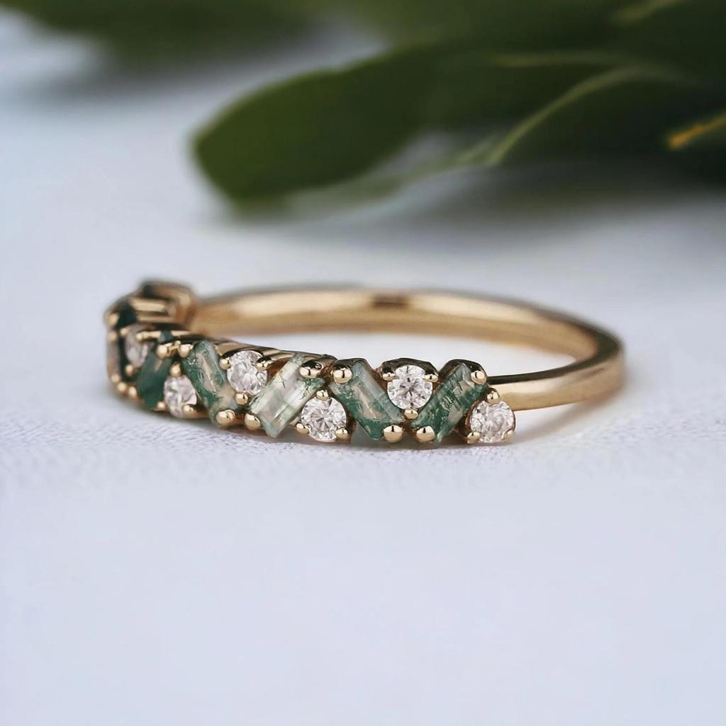 Natural Unique Moss Agate Ring Moss Agate Wedding Band Gold Rings Art Deco Eternity Band Moss Agate Matching Rings Personalized Gift For Her