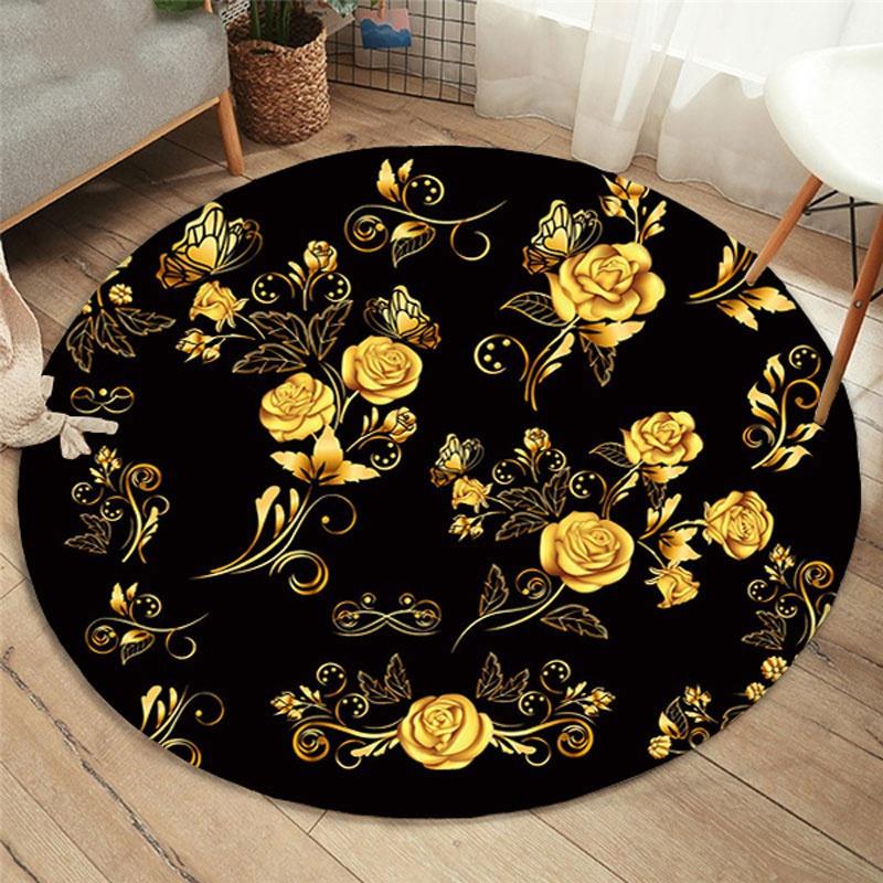 Golden Rose Pattern Circular Floor Mat Kitchen Hallway Carpet Bedroom Living Room Bedroom Soft Carpet Non-slip Carpet Home Decor