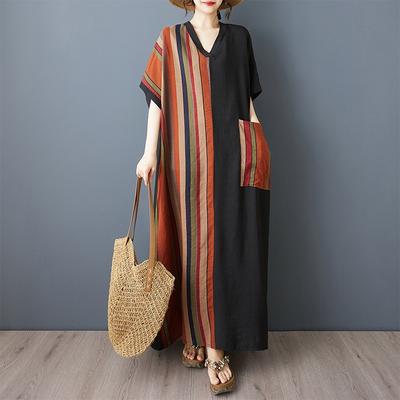 Реальный кадр - Летний жир Мм Тонкий хлопок и лен Для прикрытия живота Стройность V-образный вырез Короткий рукав Контрастная цветная вставка Черное длинное платье.