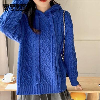 Женский свитер с капюшоном и завязками на завязках, новый свободный вязаный свитер, пальто, верхняя часть, осень и зима