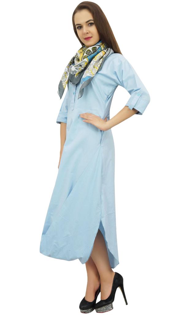 Bimba Women's 3 4 Sleeves Light Blue Casual Cowl Loose Maxi Dress With Scarf -