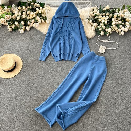 Осенне-зимний женский вязаный свитер, спортивный костюм, модный пуловер с капюшоном, топы и широкие брюки, комплект из двух предметов