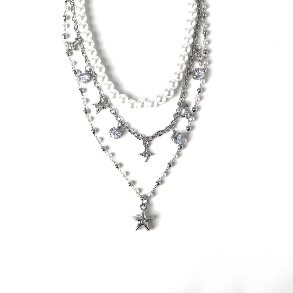 Zircon star pendant, pearl necklace, women's double-layer stacked wear, light luxury niche collarbone chain, neck chain 1111 new accessories