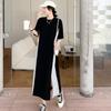 Dimanaf 2023 Plus Size T-Shirt Dress Summer Women Cotton Dress Loose Beach Casual Female Mesh O-Neck Striped Print Short Sleeve Thin Long Dress