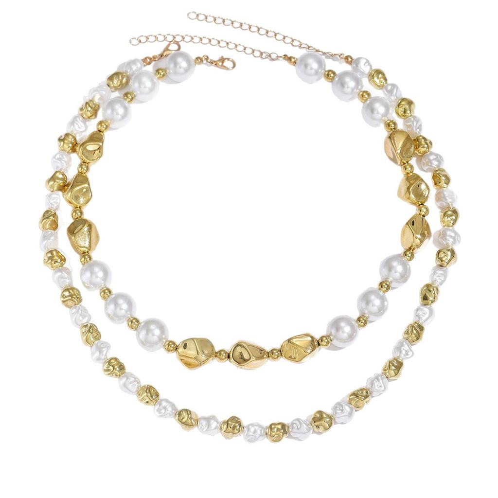 Women's Multi-Layer Faux Pearl & Gold Bead Necklace - Vintage Baroque Imitation Pearl Layered Choker, Elegant Statement Jewelry For Daily Style & Gift