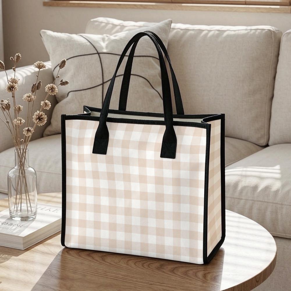 Beige Check Tote Bag Casual Large Capacity Daily Use Handbag