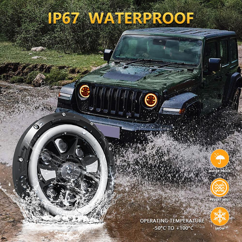 R9 Двойной ангельский глаз 7 дюймов H4 Светодиодная фара IP67 Водонепроницаемая Дальний/Ближний свет Автомобильная лампа для вождения с соединительным кабелем