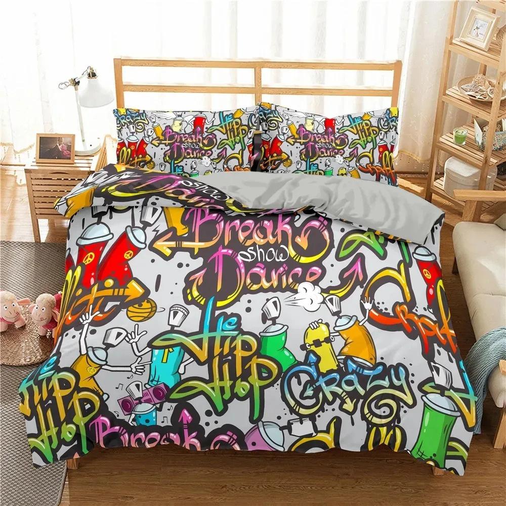 3D Print Cartoon Graffiti Bedding Set Soft Comforter Cover With 1/2pcs Pillow Shams For Kids Adults Microfiber Quilt Cover