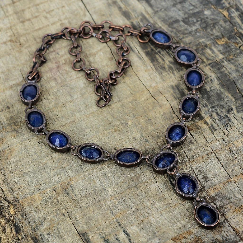 Ожерелье из граненого синего сапфира, ожерелье из электроформованной меди, украшения из драгоценных камней, ожерелье с регулируемой цепочкой, медные украшения ручной работы, подарок для нее