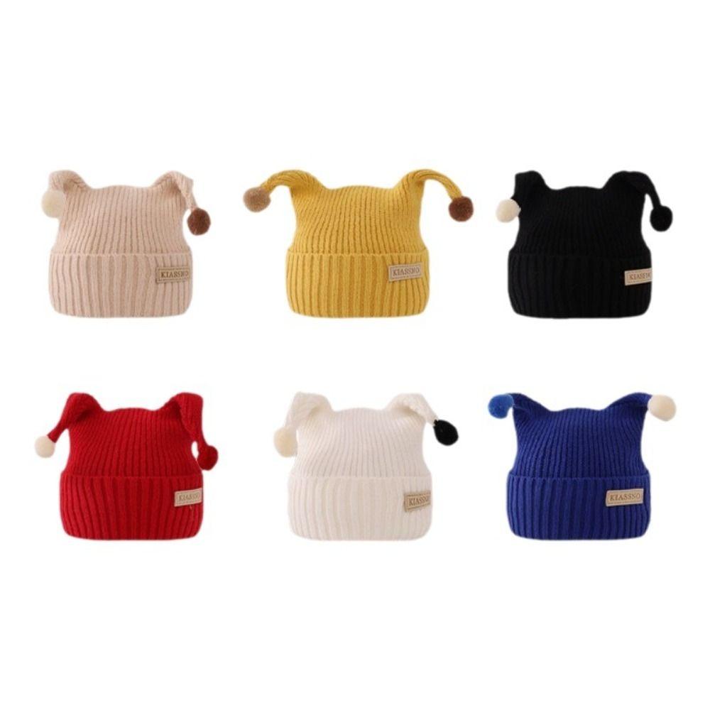 Solid Color Baby Knitted Hat Plush Ball Kids Winter Cap Cute Elf Pompom Hat Ear Protection