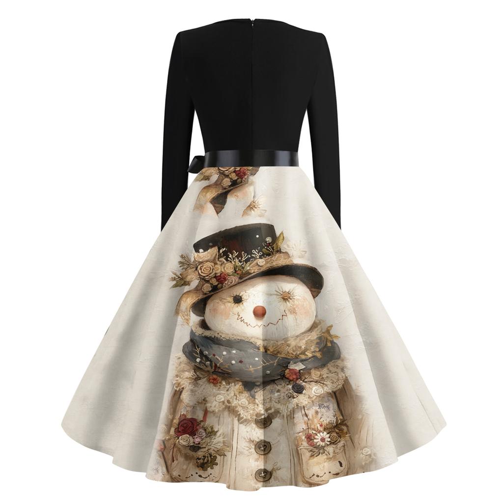 Женские повседневные модные платья с круглым вырезом, длинным рукавом, рождественским принтом, для вечеринки, винтажные длинные платья