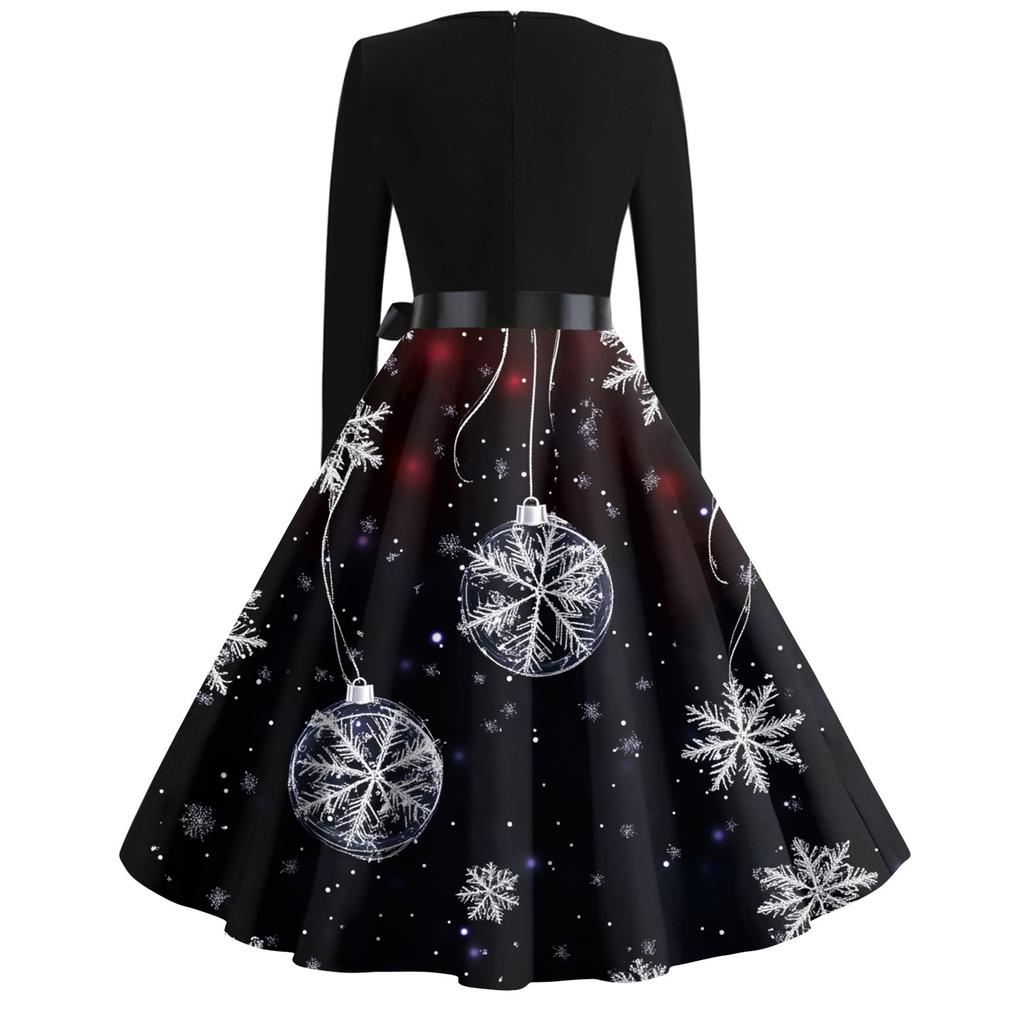 Women's Fashion Casual Square Neck Slim Christmas Printed Long Sleeve Dresses