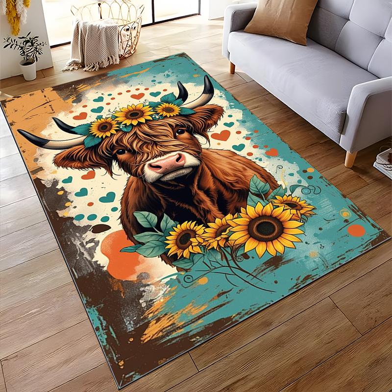 Highland Cow with Sunflower Crown Rug - Non-slip rug suitable for living room and bedroom sofas.
