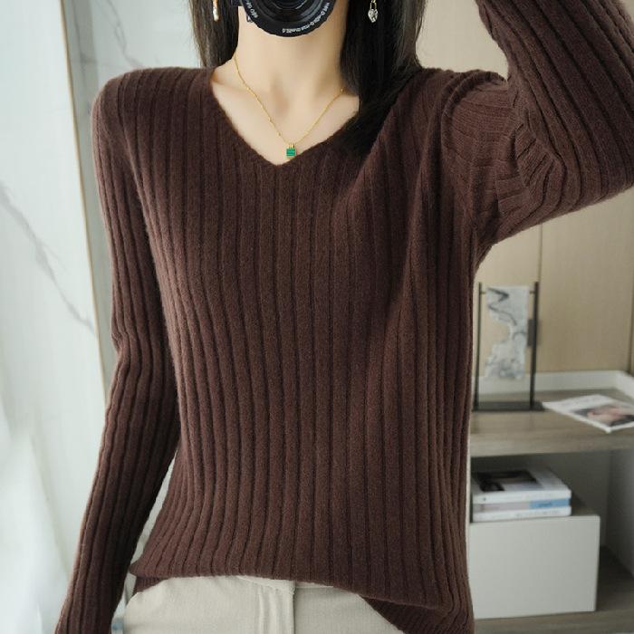 DAFIFY Женская мода повседневная осень-зима однотонный принт длинный рукав V-образный вырез свитера