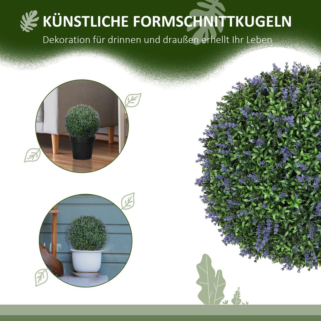 Set of 2 Artificial Spherical Plants, UV-Resistant, Indoor Outdoor, 42 cm, Green and Purple