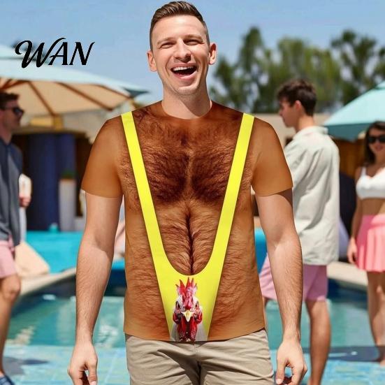 Themed Party Shirt Men Chest Hair Toupee T-Shirt, Funny Muscle with False Hair, Six Bachelor T-shirt Pack Ugly Tee, Loose Fit for Carnivals