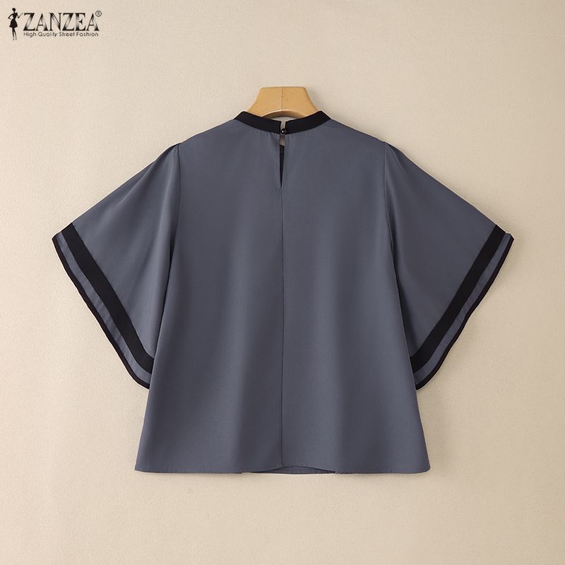 ZANZEA Женская повседневная блузка с круглым вырезом, свободного кроя, с оборками и короткими рукавами