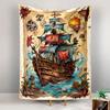 A colorful pirate ship with red and blue sails surrounded by vibrant items. Patterned tapestry for bedroom and living room home decor