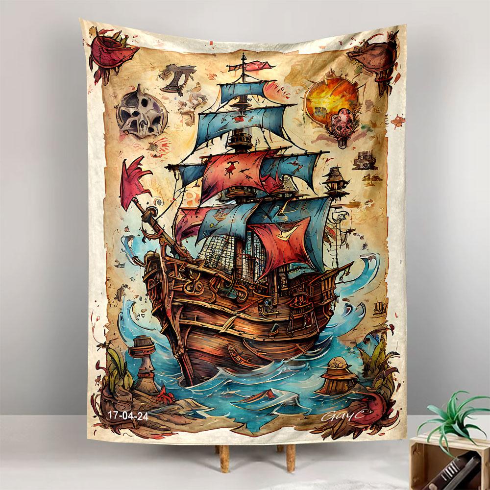 A colorful pirate ship with red and blue sails surrounded by vibrant items. Patterned tapestry for bedroom and living room home decor