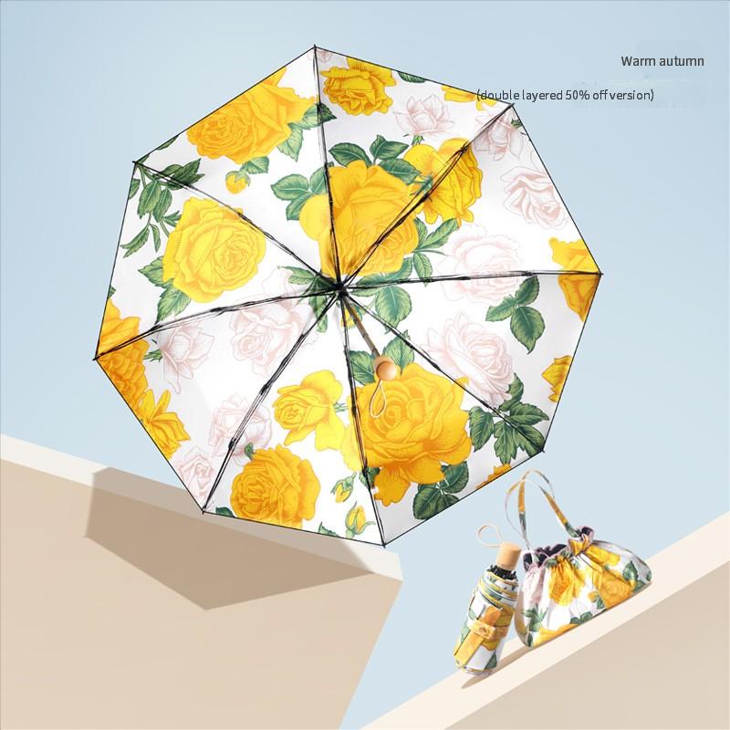 50% Fold 8-bone Double-layer Vinyl Double-flower Sun Umbrella Female Illustration Hand-painted Style Small and Convenient Sun Pr