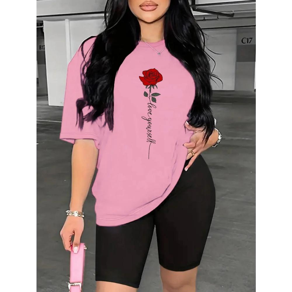 Rose Print Women's Sleeve Tops Tees Comfortable Casual Summer Fashion