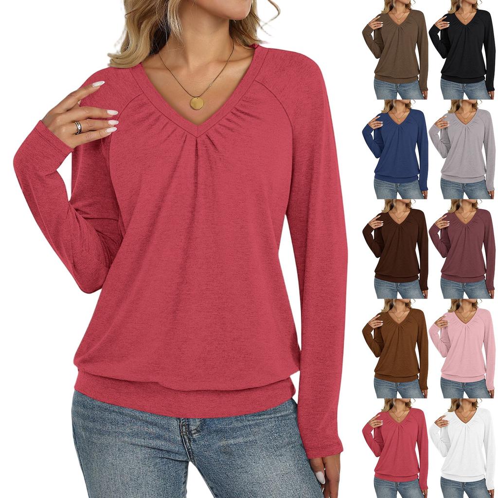 Women's Casual Fashion V-Neck Raglan Pleated Solid Color Long Sleeve Top