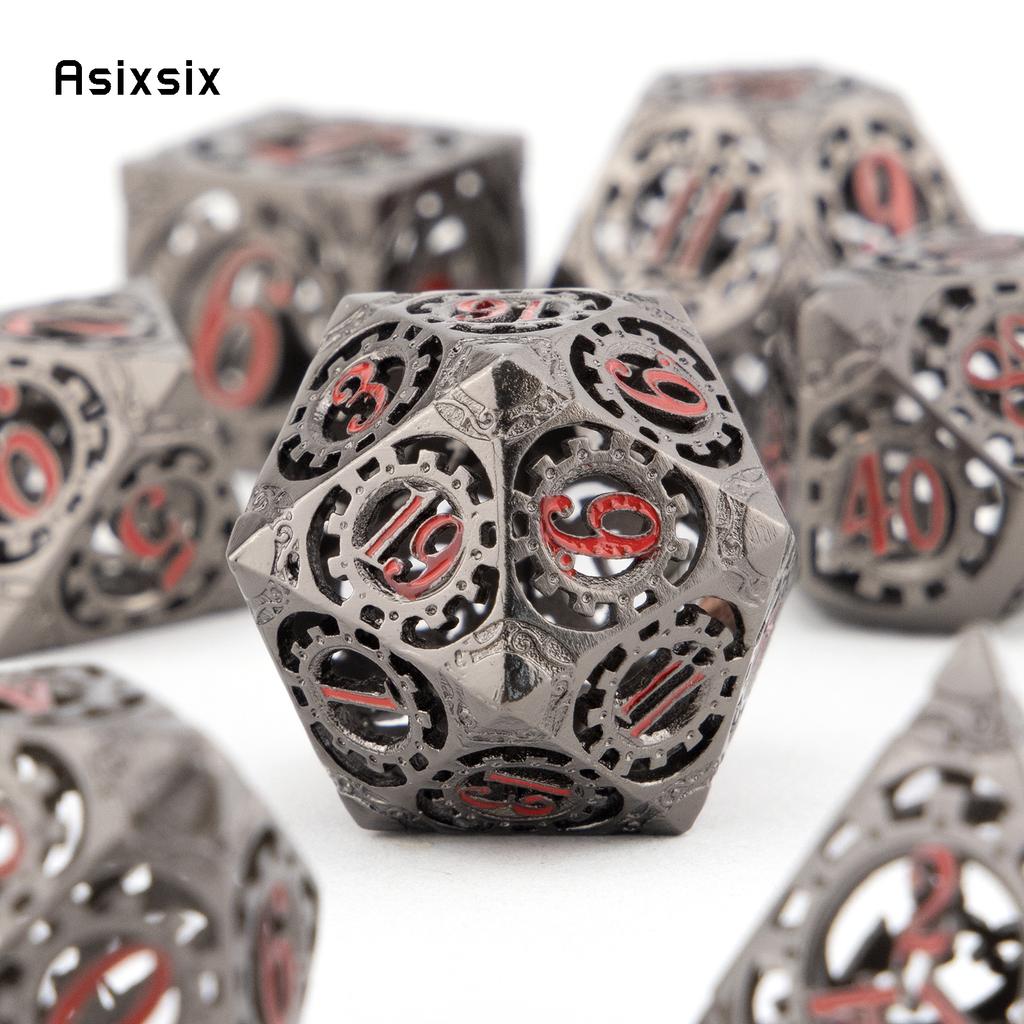 7 Pcs Black Red Gear Wheel Metal Dice Hollow Metal Polyhedral Dice Set Suitable for Role-Playing RPG Board Game Card Game