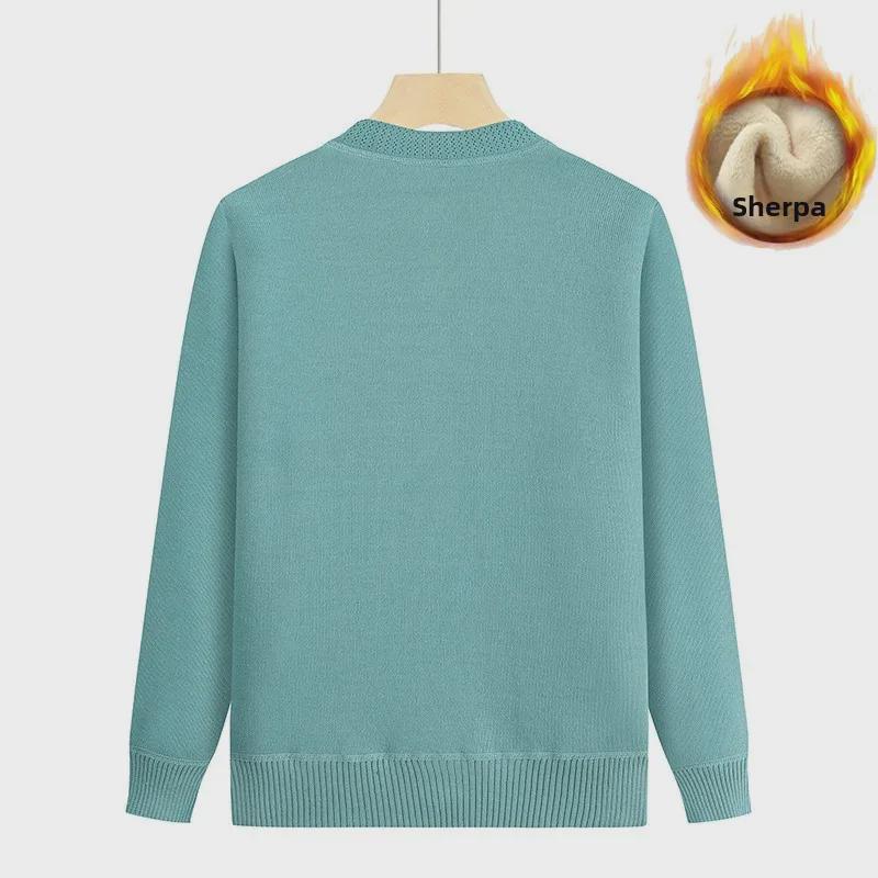 Middle-aged & Elderly Women's Plus Velvet Knitted Cardigan - Autumn/Winter Round-Neck Sweater