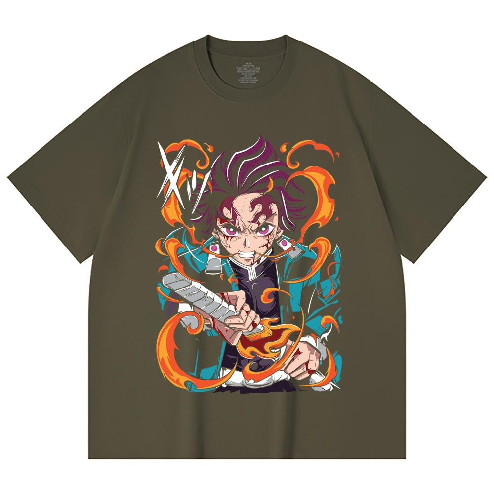 230 Gsm 100% Cotton Demon Slayer V64 Tanjiro Fire Breathing Print Unisex Heavy Cotton T Shirt