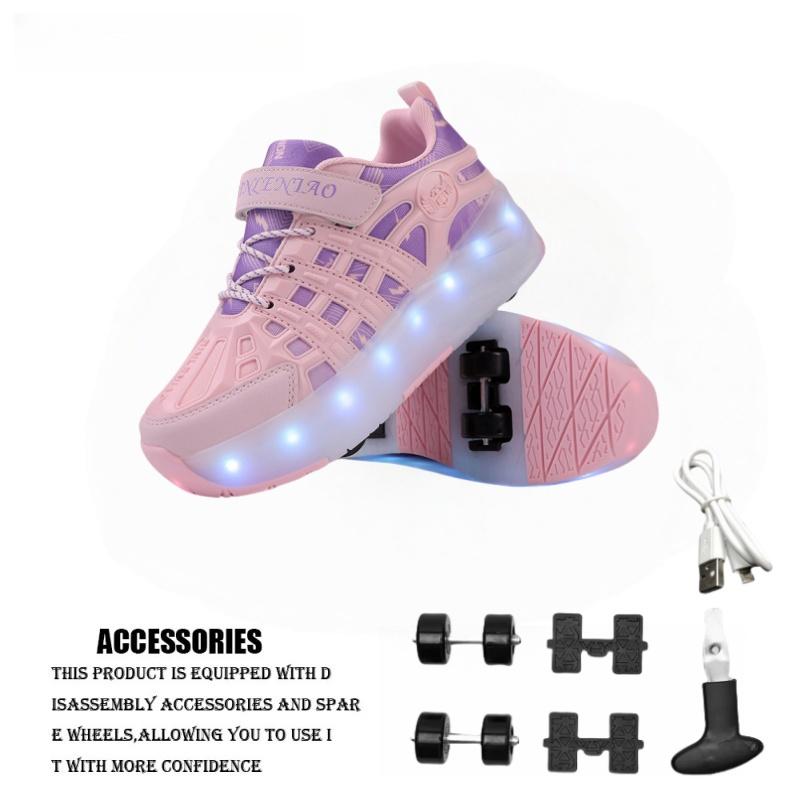 New Four-Wheel LED Light-Up Shoes for Children with Retractable Wheels USB Charging Sports Shoes Roller Skates Entertainment