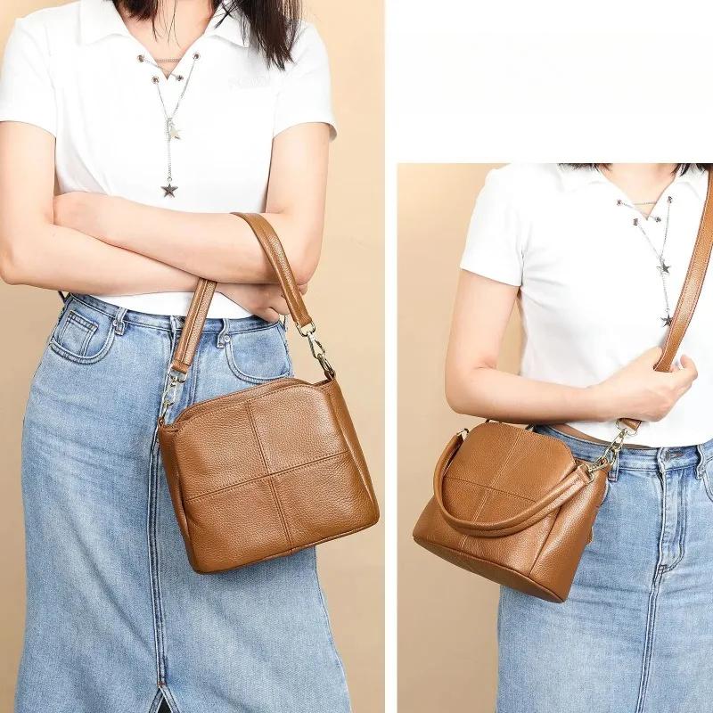Women's Luxury Handbag Genuine Leather Soft Cow Leather Versatile Crossbody Bag Ladies' Commuter Shoulder Bucket Bag
