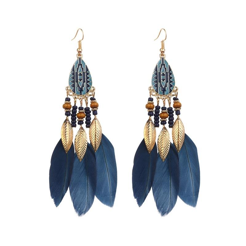 Серьги-листочки из металла в европейском, американском, этническом стиле, длинные, украшенные перьями бусины, геометрические серьги-гвоздики, висячие серьги-гвоздики