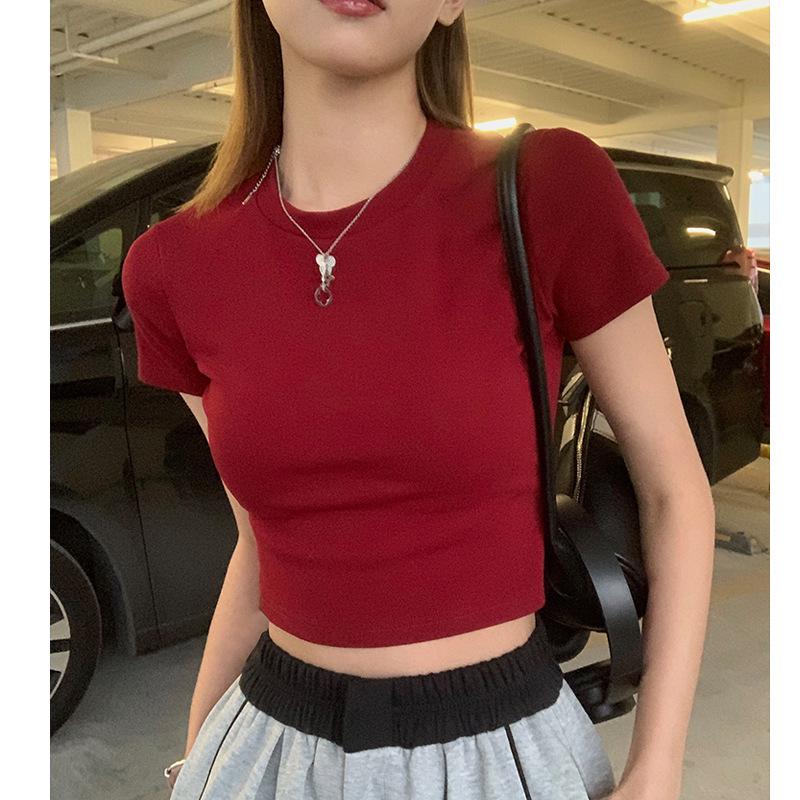 2023 Женская корейская однотонная белая футболка с коротким рукавом облегающего кроя - Летний топ в стиле кэжуал