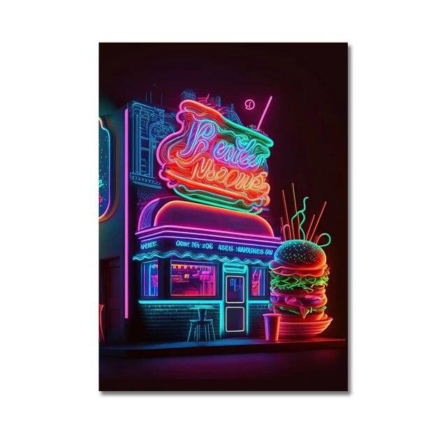 Неоновый арт, пицца, гамбургер, кофе, мороженое, плакат, настенная живопись на холсте, печатные изображения, ресторан быстрого питания, клубный бар, домашний декор без рамки