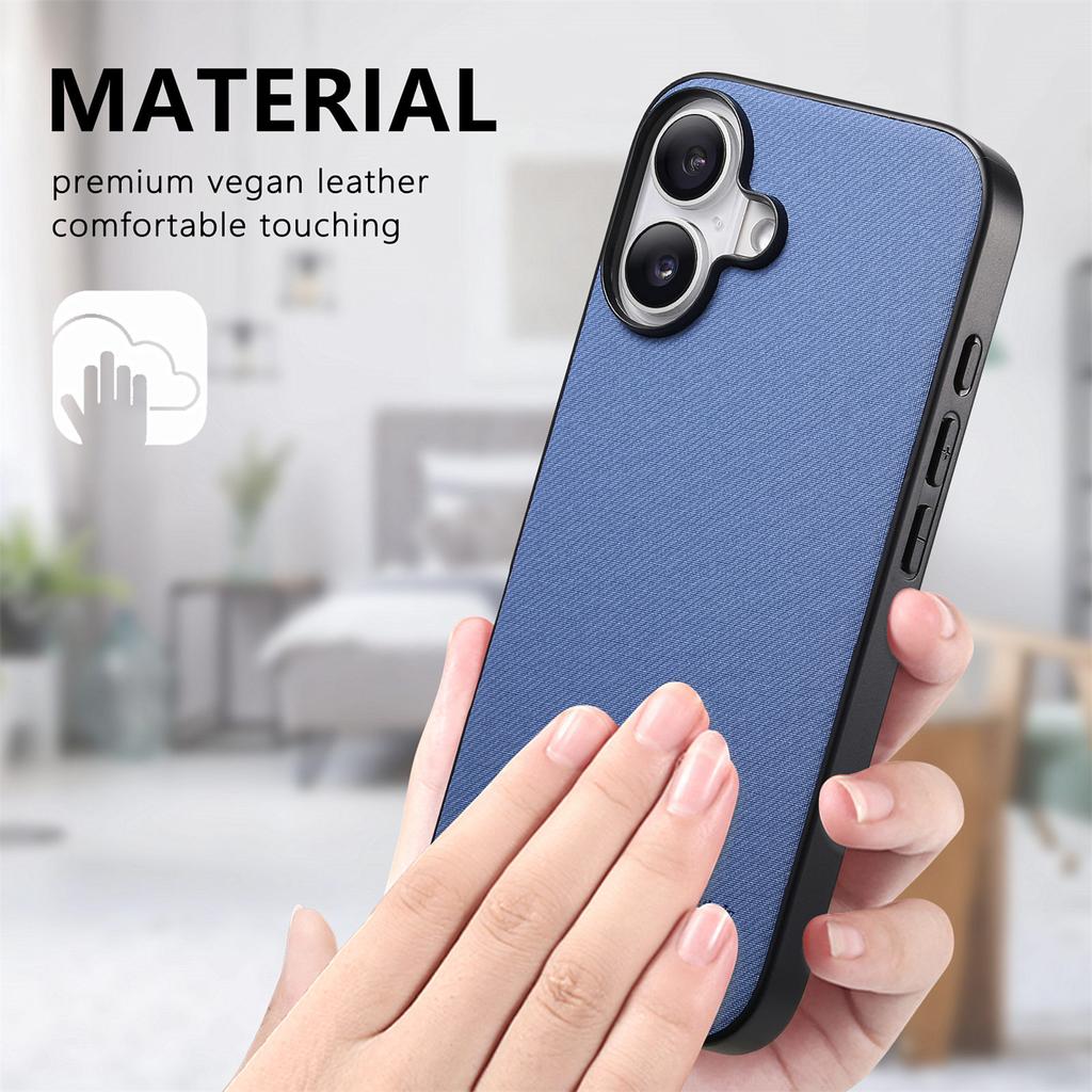 For iPhone 16 Case Cloth Texture Leather+PC+TPU Anti-Drop Phone Cover - Blue